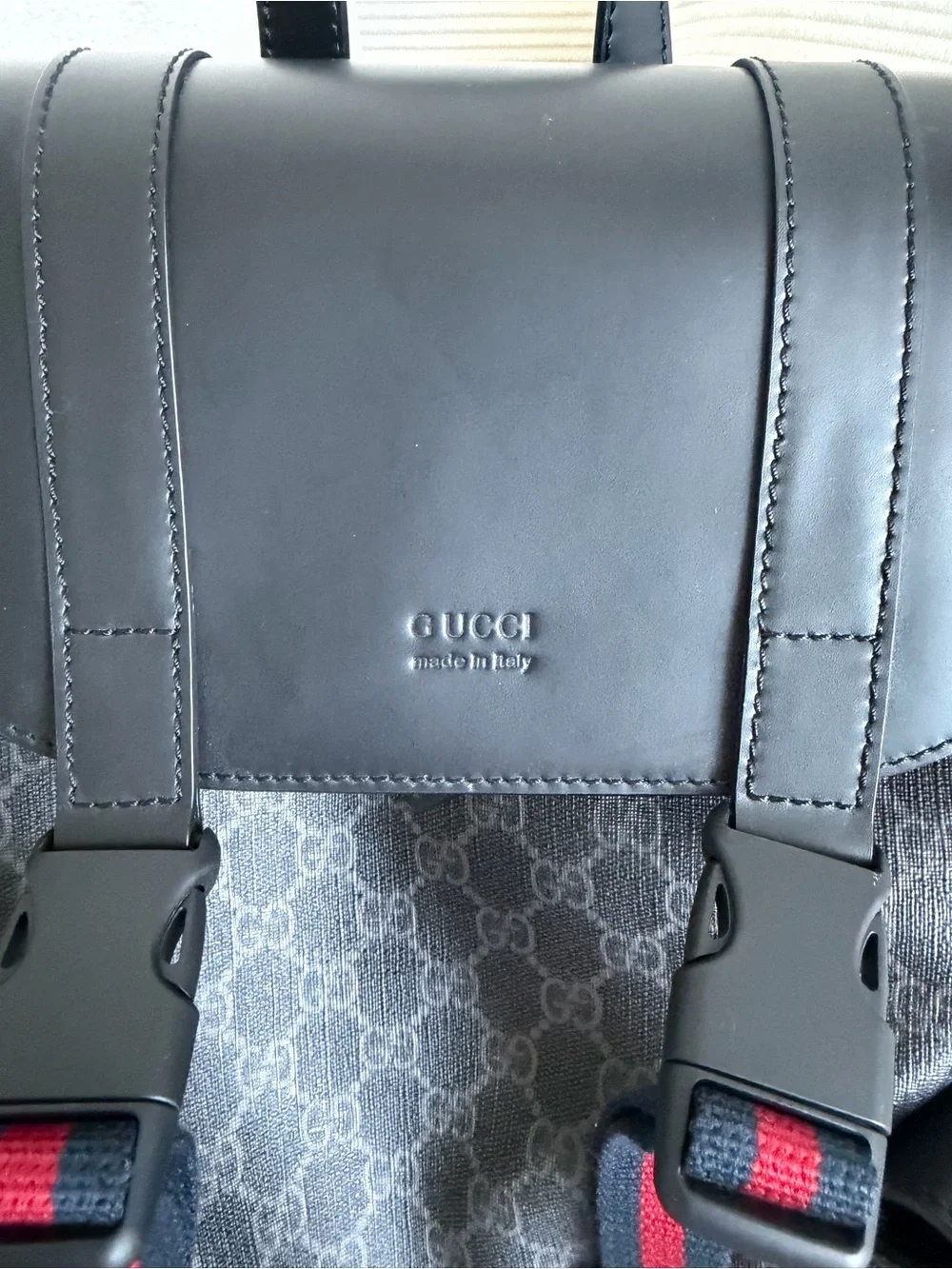 Gucci Black GG Canvas Backpack with Red-Blue Webbing never used